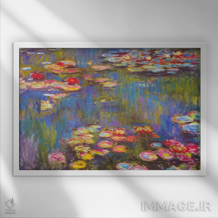 تابلو نیلوفرهای آبی، ۱۹۱۶ اثر کلود مونه (نقاش معروف فرانسوی) - نمای قابدار سفید