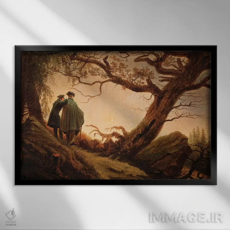 تابلو دو مرد در تماشای ماه، حدود ۱۸۳۰ اثر کاسپار داوید فریدریش (نقاش رمانتیک آلمانی) - نمای قابدار مشکی