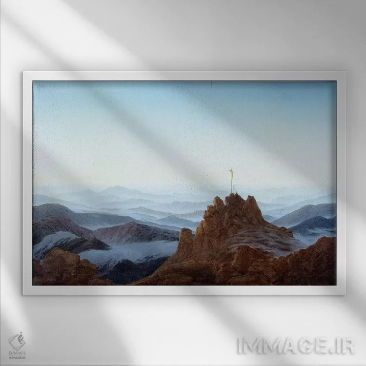 تابلو صبح در ریزنگبیرگه، ۱۸۱۰-۱۸۱۱ (کوهستان اروپا مرکزی) اثر کاسپار داوید فریدریش (نقاش رمانتیک آلمانی) - نمای قابدار سفید