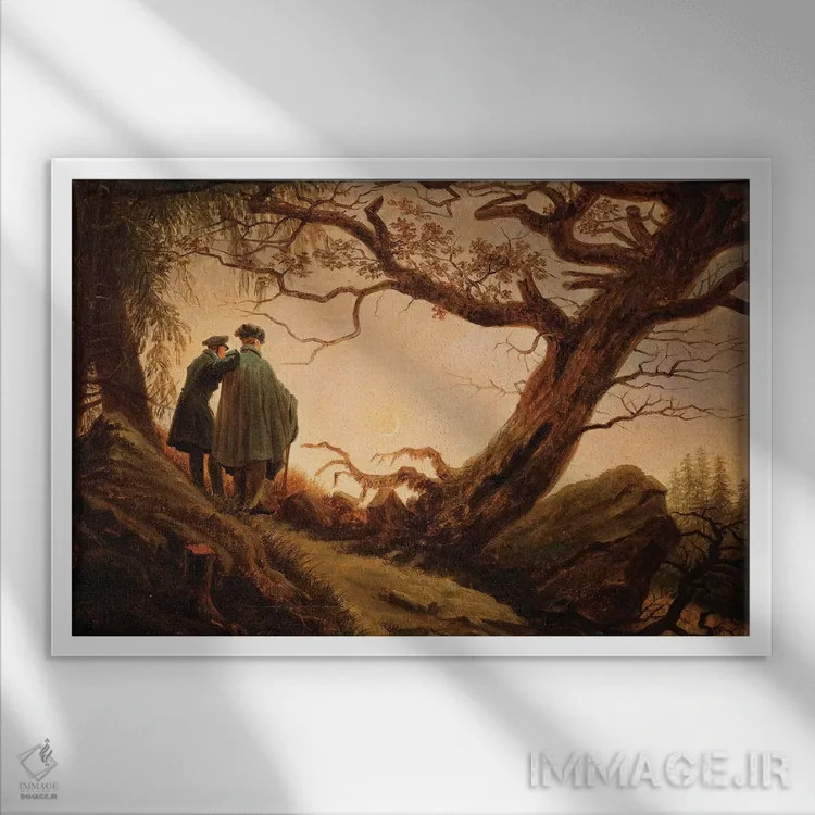 تابلو دو مرد در تماشای ماه، حدود ۱۸۳۰ اثر کاسپار داوید فریدریش (نقاش رمانتیک آلمانی) - نمای قابدار سفید