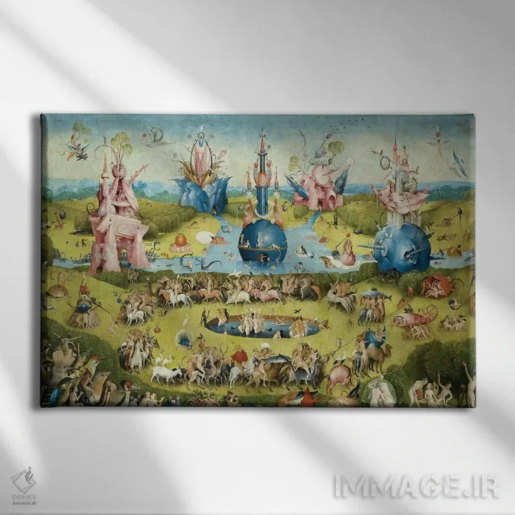 تابلو جزئیات نیمه بالایی پانل مرکزی، باغ لذات دنیوی، ۱۴۹۰-۱۵۰۰ اثر هیرونیموس بوش - نمای روبهرو روی دیوار