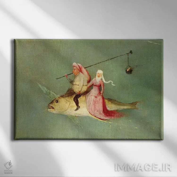 تابلو جزئیات یک زوج سوار بر ماهی، وسوسه سنت آنتونی اثر هیرونیموس بوش - نمای روبهرو روی دیوار