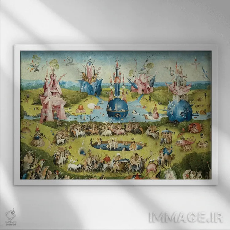 تابلو جزئیات نیمه بالایی پانل مرکزی، باغ لذات دنیوی، ۱۴۹۰-۱۵۰۰ اثر هیرونیموس بوش - نمای قابدار سفید