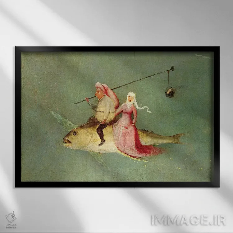 تابلو جزئیات یک زوج سوار بر ماهی، وسوسه سنت آنتونی اثر هیرونیموس بوش - نمای قابدار مشکی
