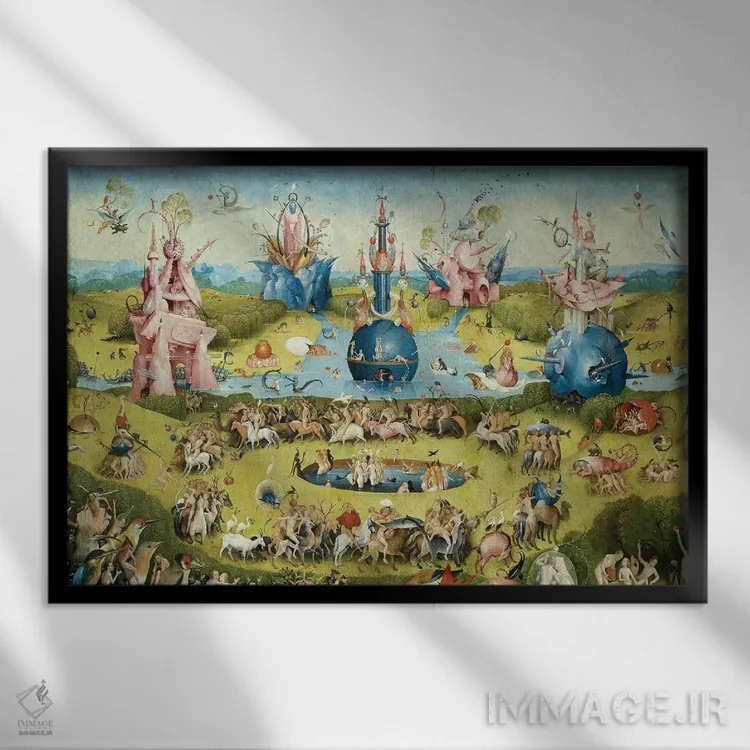 تابلو جزئیات نیمه بالایی پانل مرکزی، باغ لذات دنیوی، ۱۴۹۰-۱۵۰۰ اثر هیرونیموس بوش - نمای قابدار مشکی