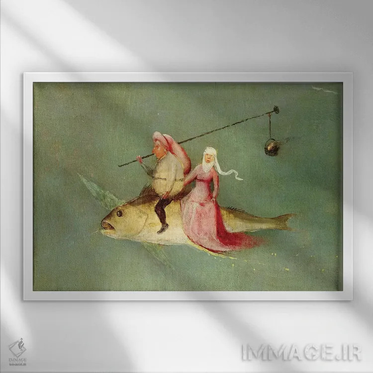 تابلو جزئیات یک زوج سوار بر ماهی، وسوسه سنت آنتونی اثر هیرونیموس بوش - نمای قابدار سفید