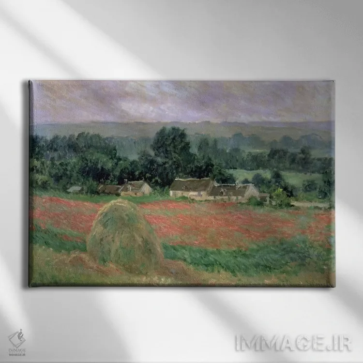 تابلو 1886,کومهٔ یونجه در ژیورنی، ۱۸۸۶ اثر کلود مونه (نقاش معروف فرانسوی) - نمای روبهرو روی دیوار