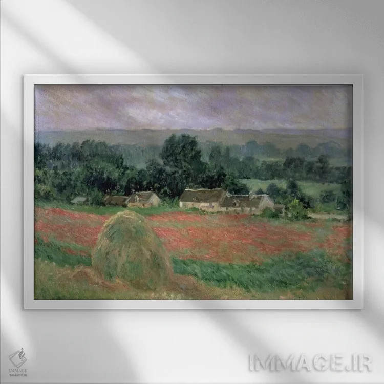 تابلو 1886,کومهٔ یونجه در ژیورنی، ۱۸۸۶ اثر کلود مونه (نقاش معروف فرانسوی) - نمای قابدار سفید