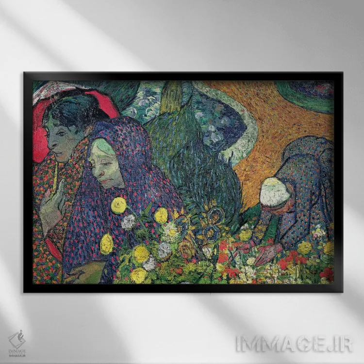 تابلو 1888,بانوان آرل (خاطرات باغ اتن)، ۱۸۸۸ اثر ونسان ون گوگ (نقاش مشهور هلندی پستامپرسیونیسم) - نمای قابدار مشکی