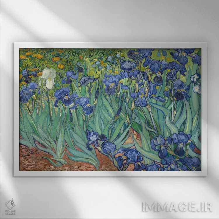 تابلو زنبقها، ۱۸۸۹ اثر ونسان ون گوگ (نقاش مشهور هلندی پستامپرسیونیسم) - نمای قابدار سفید