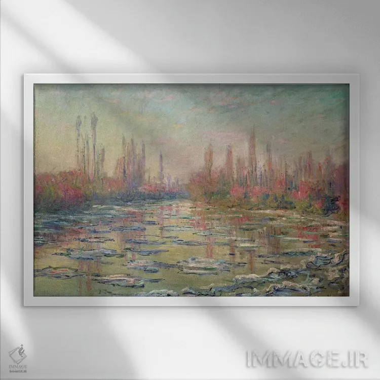 تابلو آبشدن یخ رود سن، نزدیک وتوی، ۱۸۸۰ اثر کلود مونه (نقاش معروف فرانسوی) - نمای قابدار سفید