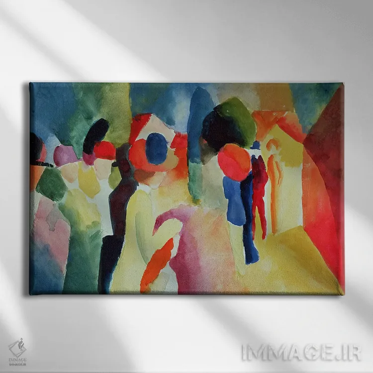 تابلو زن با کت زرد، ۱۹۱۳ اثر آگوست ماکه (نقاش اکسپرسیونیست آلمانی) - نمای روبهرو روی دیوار