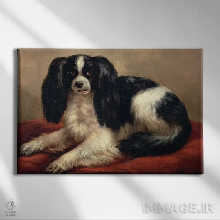 تابلو اسپانیل کینگ چارلز نشسته بر بالشت قرمز اثر اوژن ژوزف وربکوون (نقاش بلژیکی) - نمای روبهرو روی دیوار