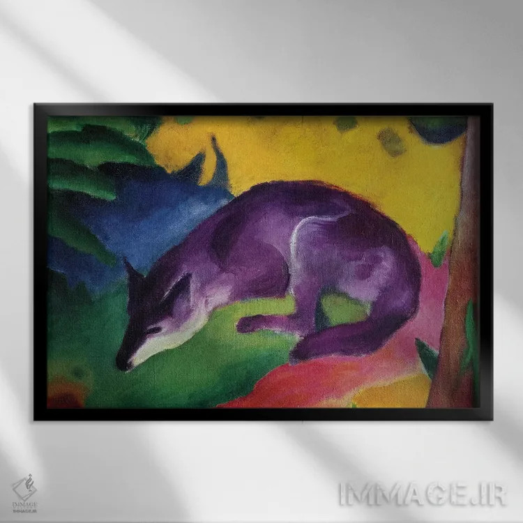 تابلو روباه آبی، ۱۹۱۱ اثر فرانتس مارک (نقاش اکسپرسیونیست آلمانی) - نمای قابدار مشکی