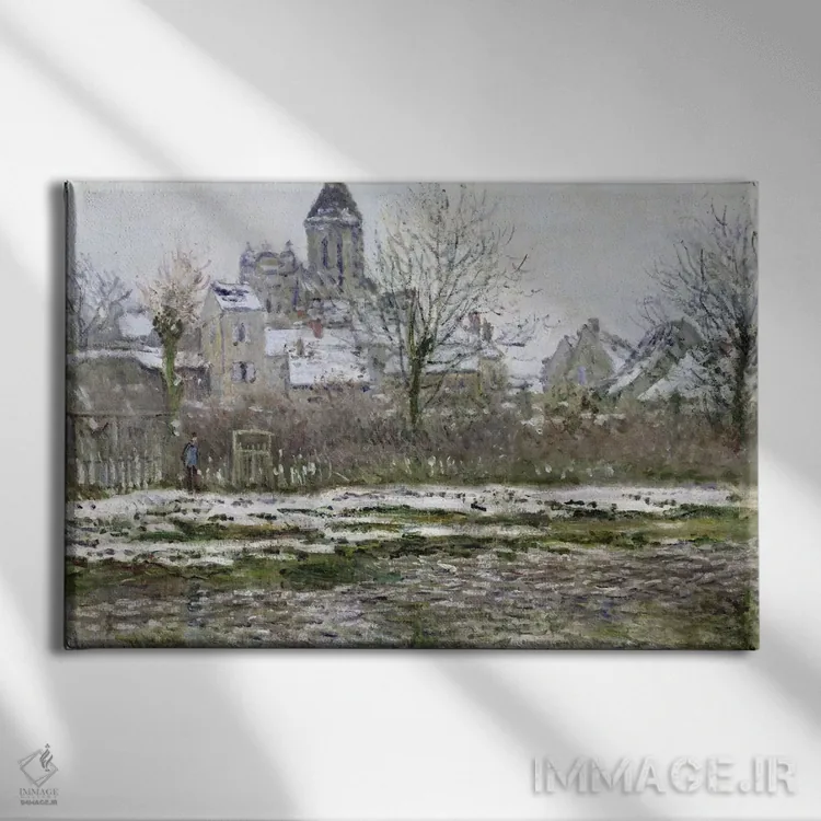 تابلو 1878-79,کلیسا در وتوی زیر برف، ۱۸۷۸–۷۹ اثر کلود مونه (نقاش معروف فرانسوی) - نمای روبهرو روی دیوار