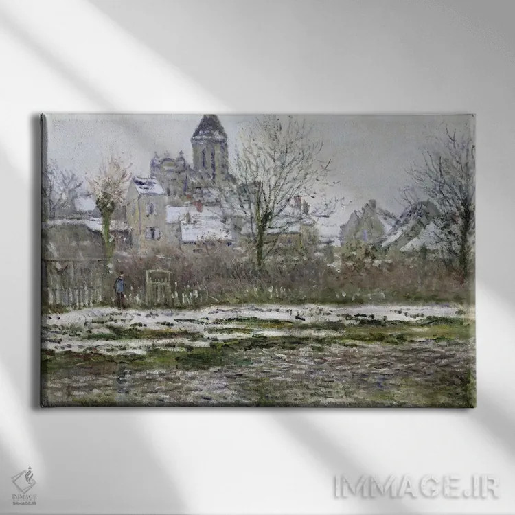 تابلو 1878-79,کلیسا در وتوی زیر برف، ۱۸۷۸–۷۹ اثر کلود مونه (نقاش معروف فرانسوی) - نمای روبهرو روی دیوار