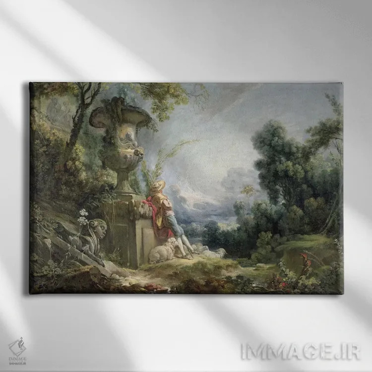 تابلو or Young Shepherd in a Landscape,صحنهای روستایی یا چوپان جوان در طبیعت اثر فرانسوا بوشه (نقاش فرانسوی سبک روکوکو) - نمای روبهرو روی دیوار