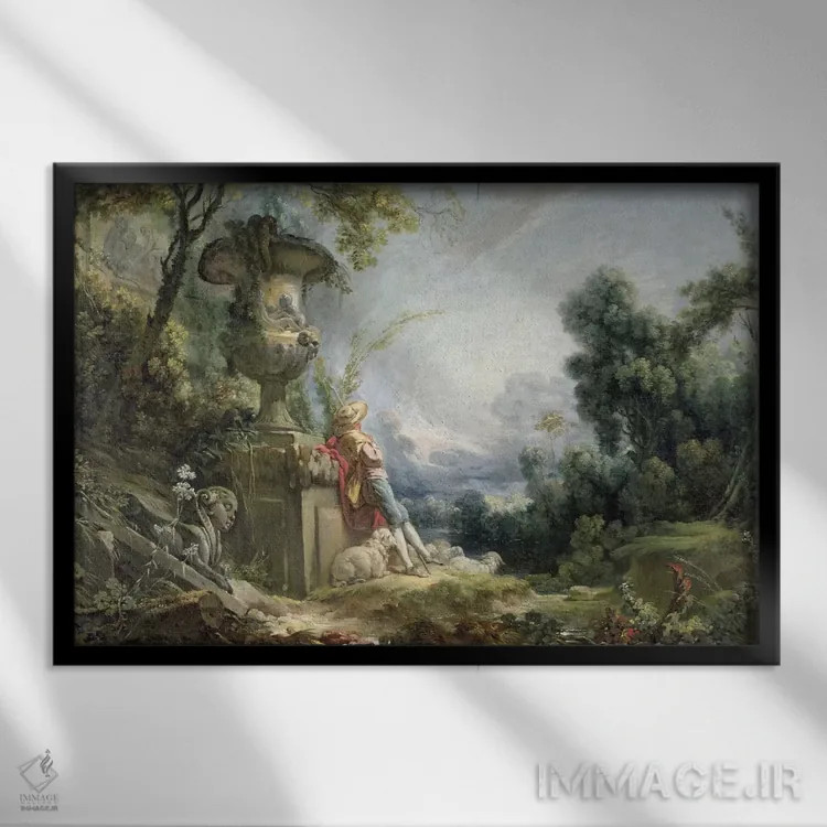 تابلو or Young Shepherd in a Landscape,صحنهای روستایی یا چوپان جوان در طبیعت اثر فرانسوا بوشه (نقاش فرانسوی سبک روکوکو) - نمای قابدار مشکی