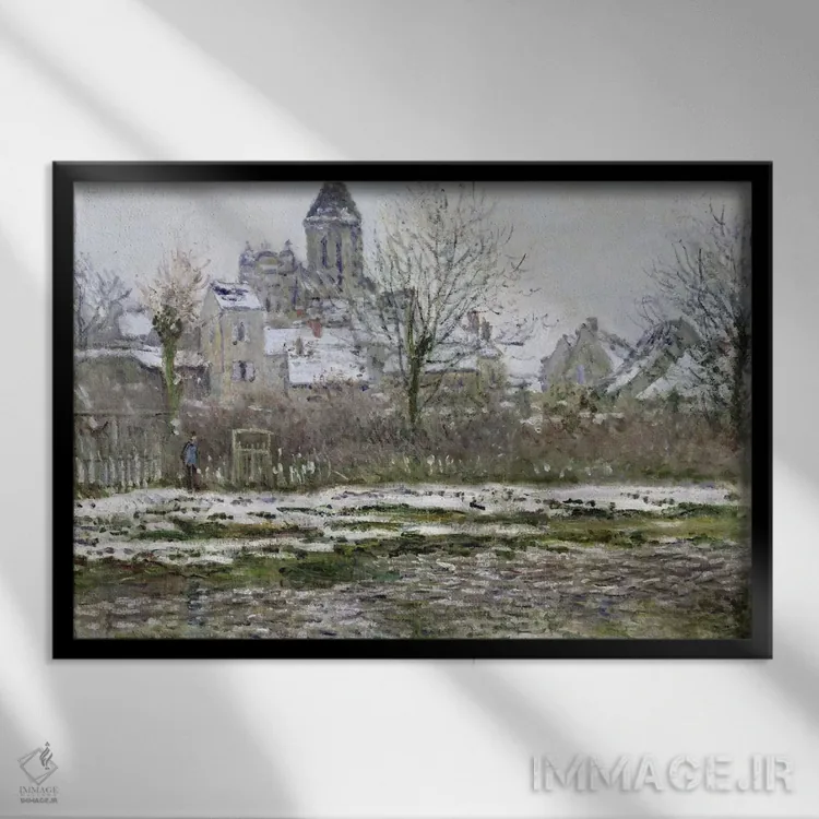 تابلو 1878-79,کلیسا در وتوی زیر برف، ۱۸۷۸–۷۹ اثر کلود مونه (نقاش معروف فرانسوی) - نمای قابدار مشکی