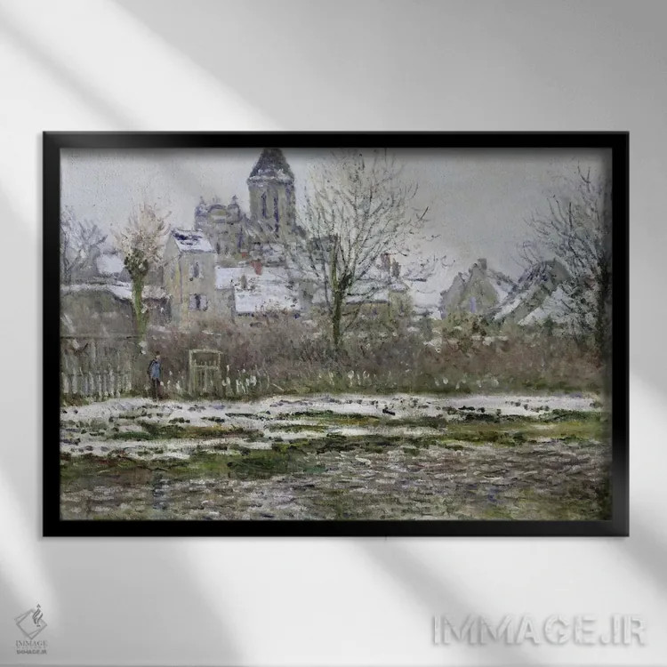 تابلو 1878-79,کلیسا در وتوی زیر برف، ۱۸۷۸–۷۹ اثر کلود مونه (نقاش معروف فرانسوی) - نمای قابدار مشکی