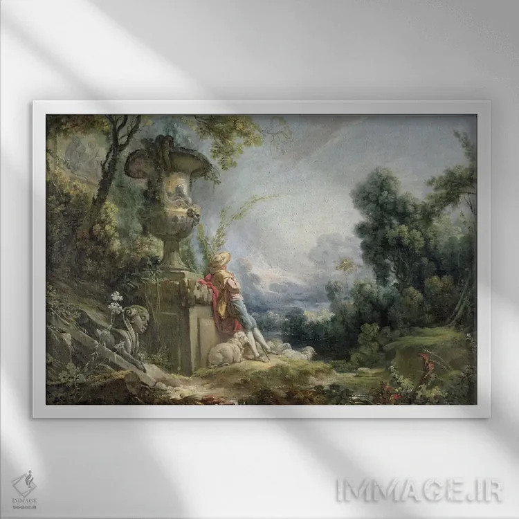 تابلو or Young Shepherd in a Landscape,صحنهای روستایی یا چوپان جوان در طبیعت اثر فرانسوا بوشه (نقاش فرانسوی سبک روکوکو) - نمای قابدار سفید