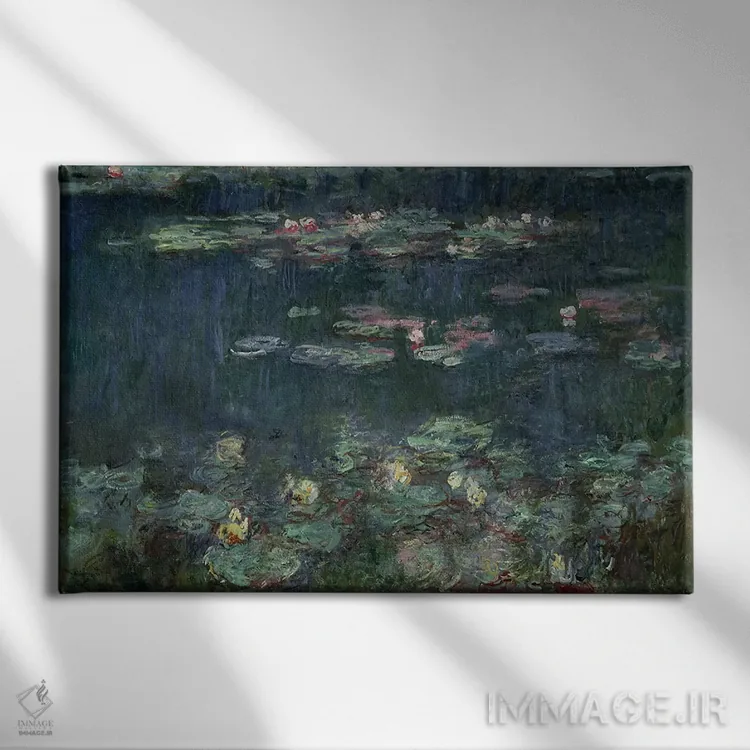 تابلو 1914-18,نیلوفرهای آبی: بازتاب سبز، ۱۹۱۴–۱۸ اثر کلود مونه (نقاش معروف فرانسوی) - نمای روبهرو روی دیوار