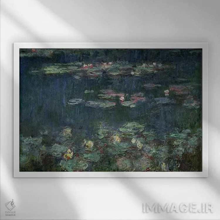تابلو 1914-18,نیلوفرهای آبی: بازتاب سبز، ۱۹۱۴–۱۸ اثر کلود مونه (نقاش معروف فرانسوی) - نمای قابدار سفید