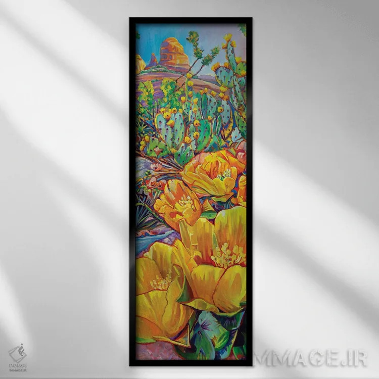 تابلو صخرههای سرخ و شکوفههای کاکتوس اثر گرگ هایل - نمای قابدار مشکی