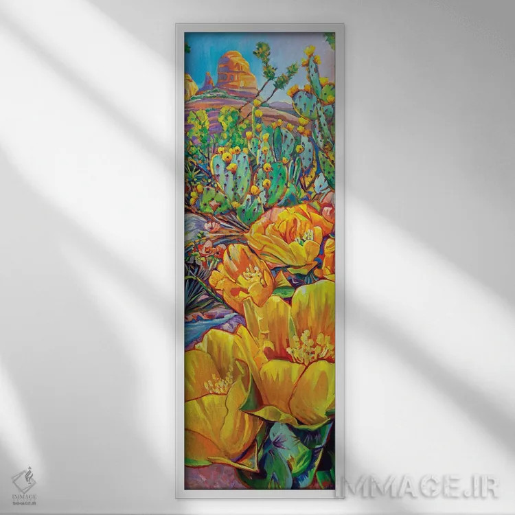 تابلو صخرههای سرخ و شکوفههای کاکتوس اثر گرگ هایل - نمای قابدار سفید
