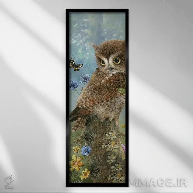 تابلو جغد در چمنزار اثر جوردانو استودیو (استودیوی هنری) - نمای قابدار مشکی