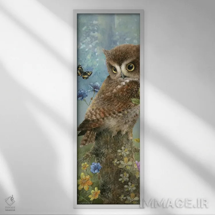 تابلو جغد در چمنزار اثر جوردانو استودیو (استودیوی هنری) - نمای قابدار سفید