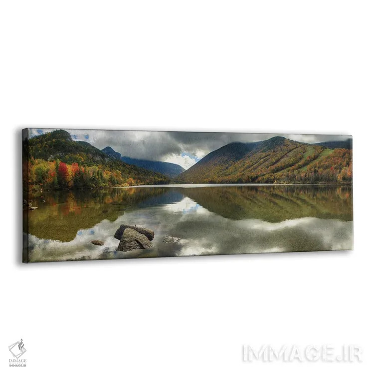 تابلو نمای پانوراما از دریاچه آرام کوهستانی در پاییز، دریاچه اکو، فرانکونیا، نیوهمپشایر اثر جورج اوزه - نمای پرسپکتیو محصول
