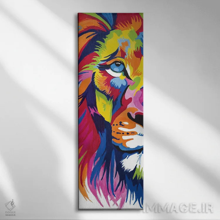 تابلو پرترهٔ رنگارنگ شیر اثر چلسیا گودریچ - نمای روبهرو روی دیوار