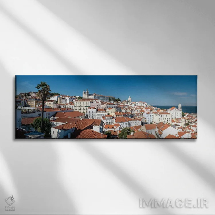 تابلو پانورامای شهر قدیمی لیسبون، پرتغال اثر جورج اوزه - نمای روبهرو روی دیوار