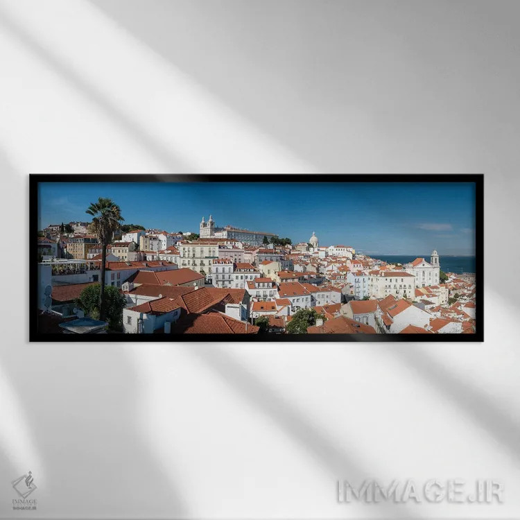 تابلو پانورامای شهر قدیمی لیسبون، پرتغال اثر جورج اوزه - نمای قابدار مشکی