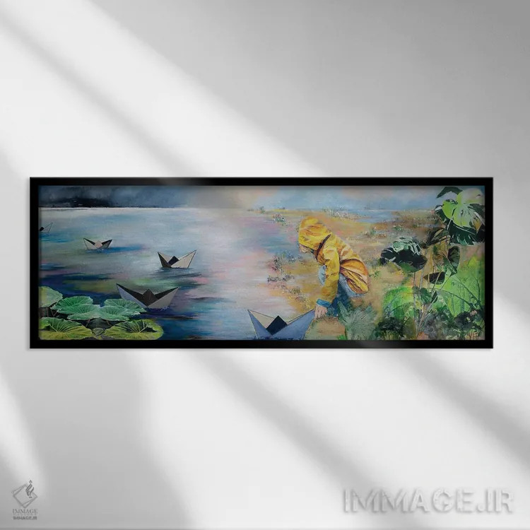 تابلو بازی با قایقهای کاغذی اثر هانک پرهبوم - نمای قابدار مشکی