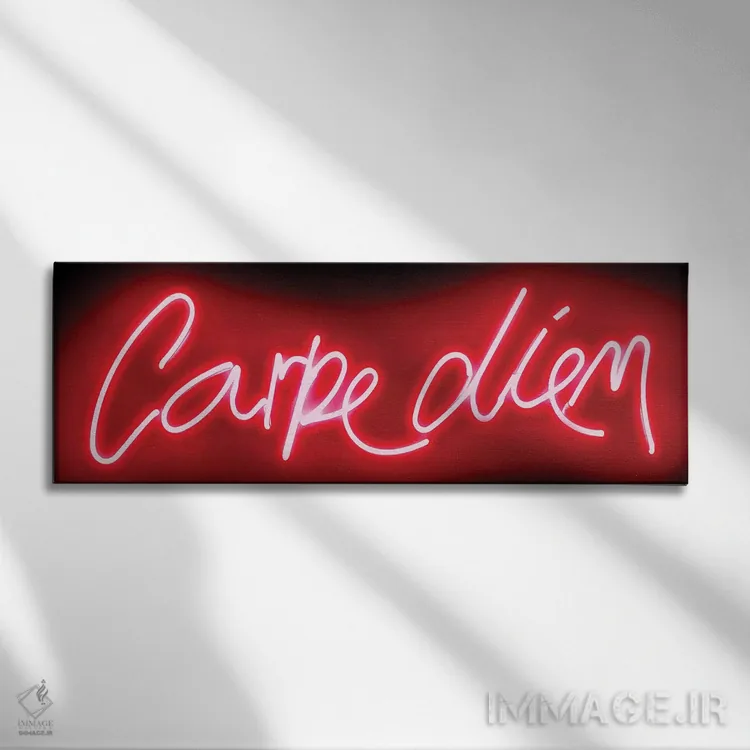 تابلو نئون Carpe Diem قرمز روی مشکی اثر هیلی کار - نمای روبهرو روی دیوار