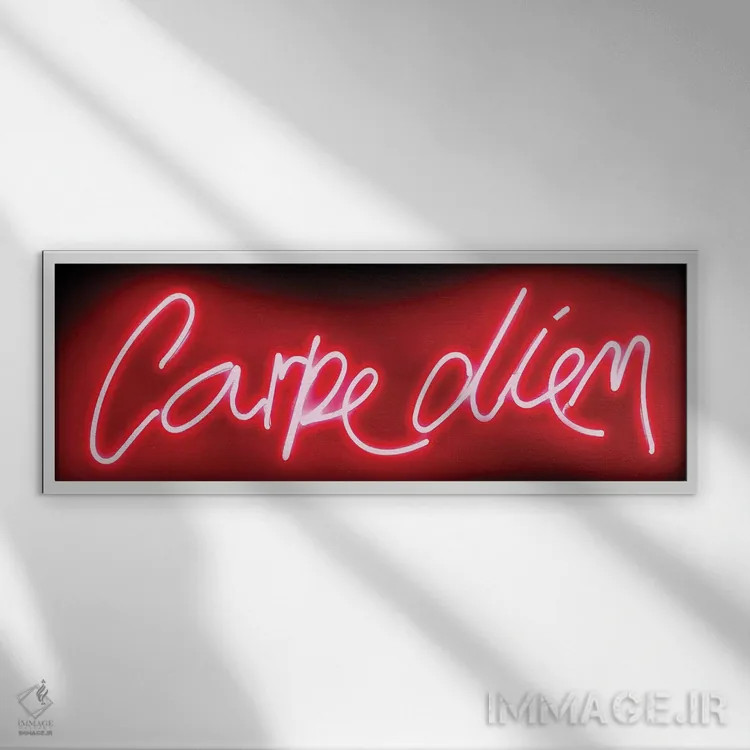 تابلو نئون Carpe Diem قرمز روی مشکی اثر هیلی کار - نمای قابدار سفید