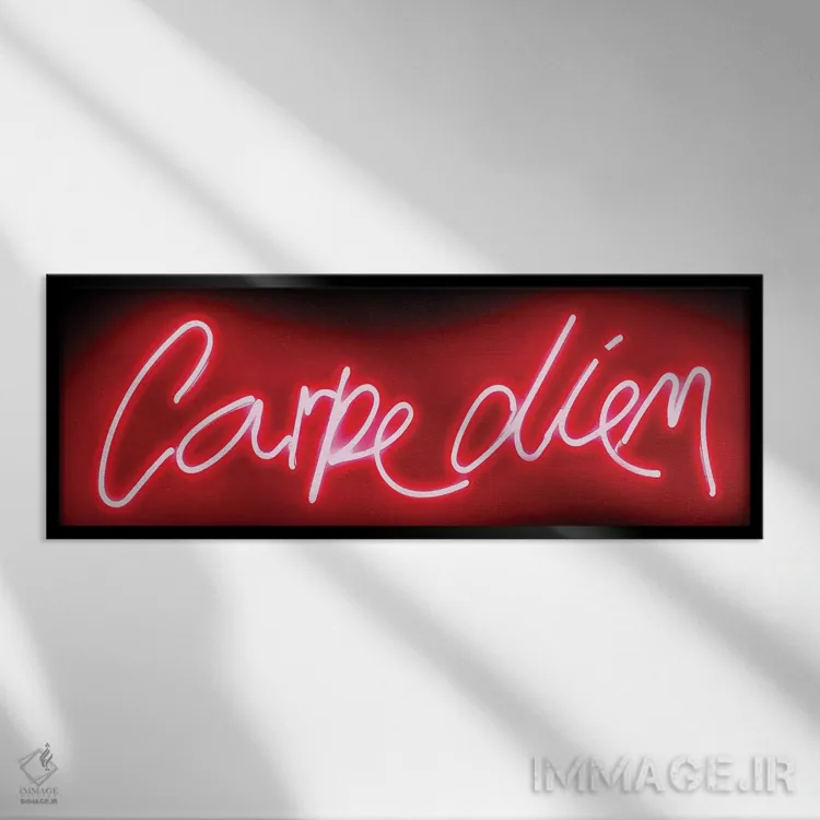 تابلو نئون Carpe Diem قرمز روی مشکی اثر هیلی کار - نمای قابدار مشکی