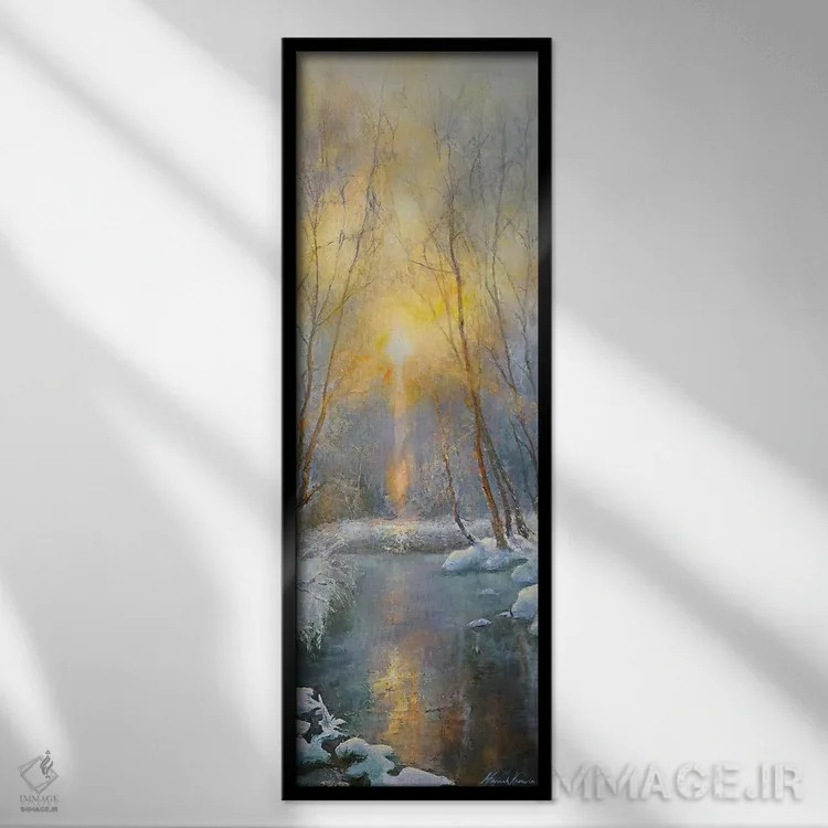 تابلو اثر نور غروب زمستانی بر برف اثر هانا کروین - نمای قابدار مشکی