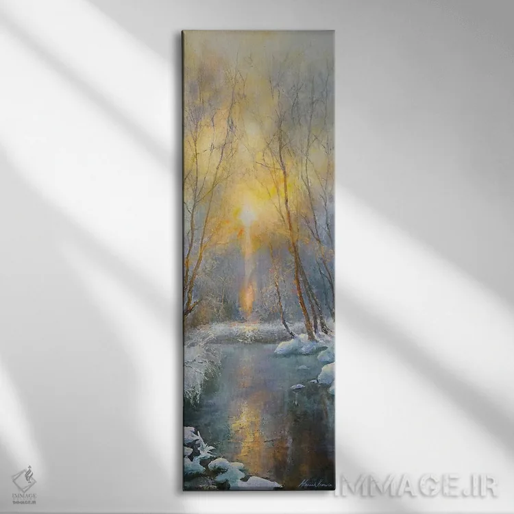 تابلو اثر نور غروب زمستانی بر برف اثر هانا کروین - نمای روبهرو روی دیوار