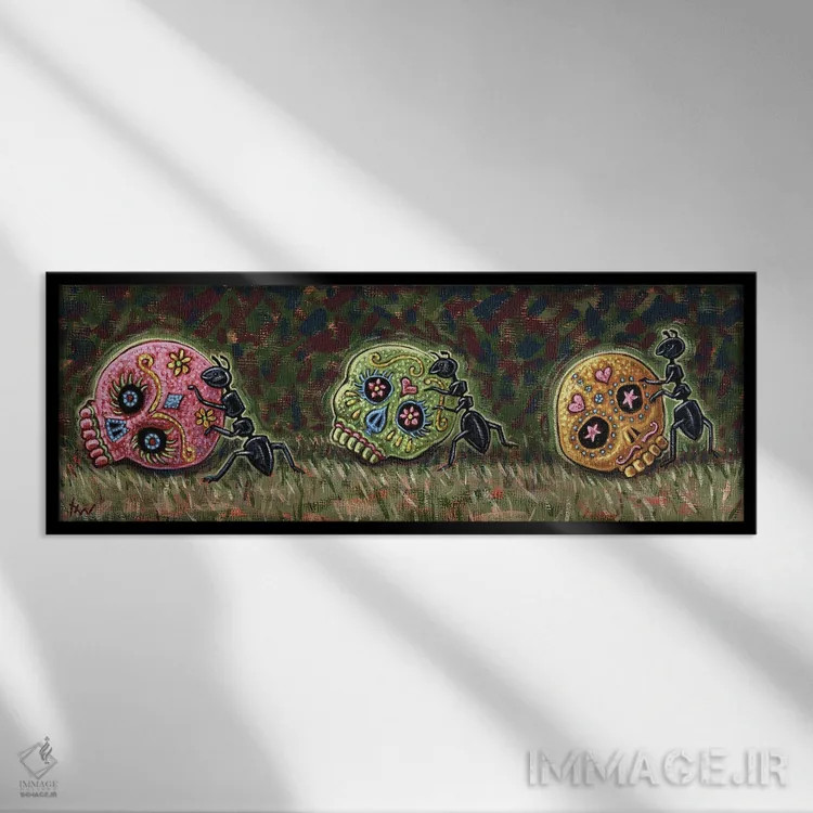 تابلو مورچهها و جمجمههای قندی اثر هالی وود - نمای قابدار مشکی