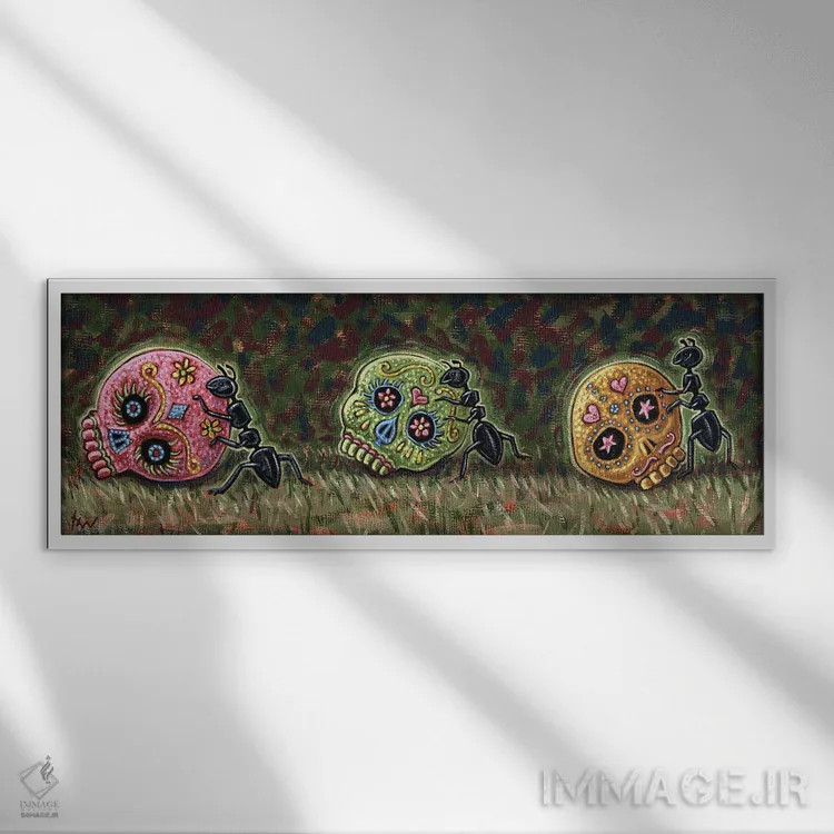 تابلو مورچهها و جمجمههای قندی اثر هالی وود - نمای قابدار سفید