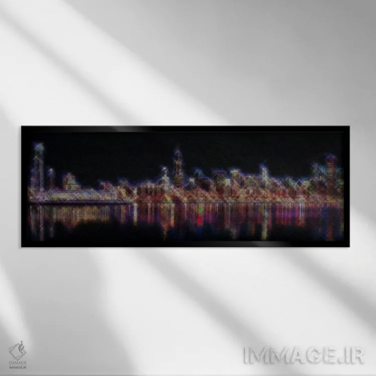 تابلو منظره دوخته شده شیکاگو در شب اثر فایو بای فایو کالکتیو - نمای قابدار مشکی