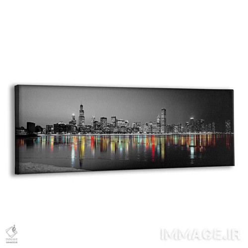 تابلو Chicago, Cook County, Illinois, USA,نمای شب افق شیکاگو با بازتاب دریاچه میشیگان با رنگ تقویتی (ایلینوی، آمریکا) اثر پانورامیک ایمجز (استودیو عکاسی عریض) - نمای پرسپکتیو محصول