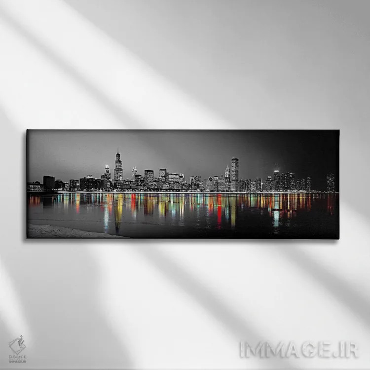 تابلو Chicago, Cook County, Illinois, USA,نمای شب افق شیکاگو با بازتاب دریاچه میشیگان با رنگ تقویتی (ایلینوی، آمریکا) اثر پانورامیک ایمجز (استودیو عکاسی عریض) - نمای روبهرو روی دیوار