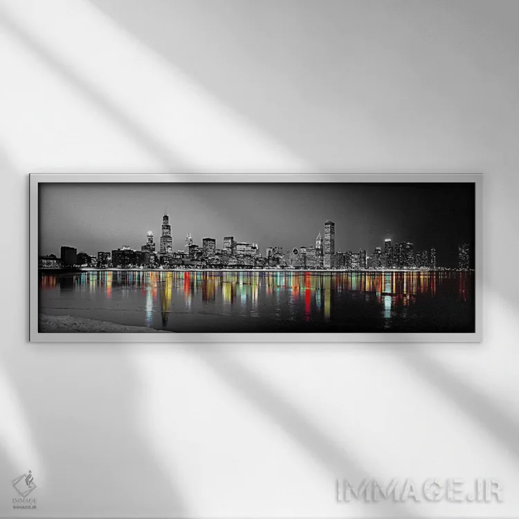 تابلو Chicago, Cook County, Illinois, USA,نمای شب افق شیکاگو با بازتاب دریاچه میشیگان با رنگ تقویتی (ایلینوی، آمریکا) اثر پانورامیک ایمجز (استودیو عکاسی عریض) - نمای قابدار سفید