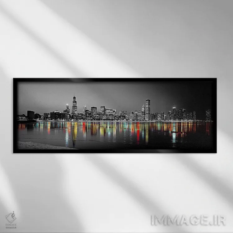 تابلو Chicago, Cook County, Illinois, USA,نمای شب افق شیکاگو با بازتاب دریاچه میشیگان با رنگ تقویتی (ایلینوی، آمریکا) اثر پانورامیک ایمجز (استودیو عکاسی عریض) - نمای قابدار مشکی