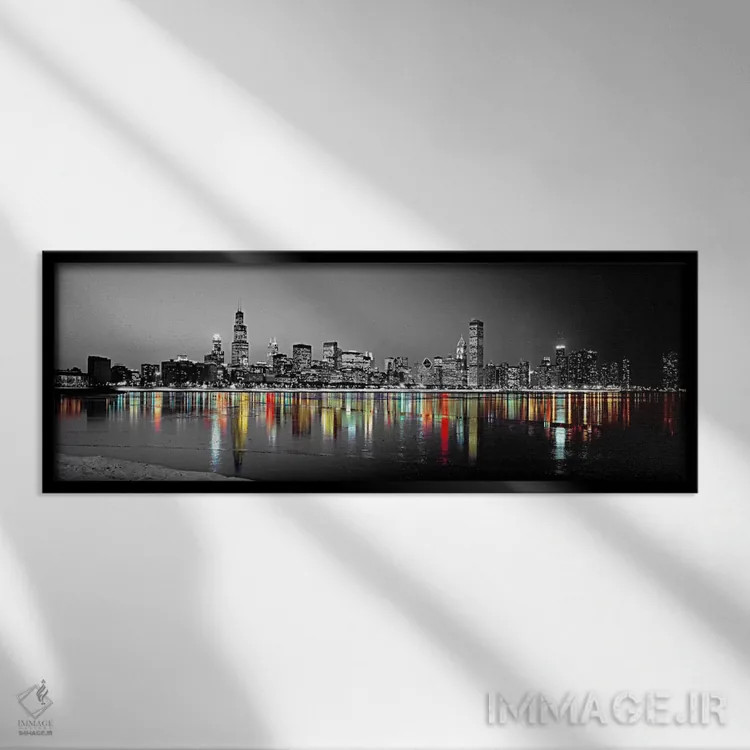 تابلو Chicago, Cook County, Illinois, USA,نمای شب افق شیکاگو با بازتاب دریاچه میشیگان با رنگ تقویتی (ایلینوی، آمریکا) اثر پانورامیک ایمجز (استودیو عکاسی عریض) - نمای قابدار مشکی