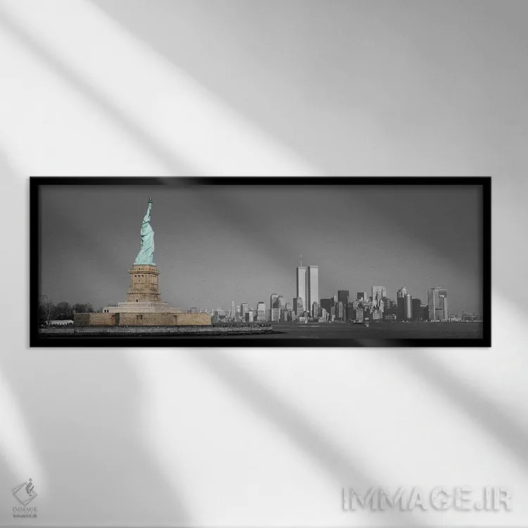 تابلو منظره پانورامای افق نیویورک با رنگ تقویتی اثر هنرمند ناشناس - نمای قابدار مشکی
